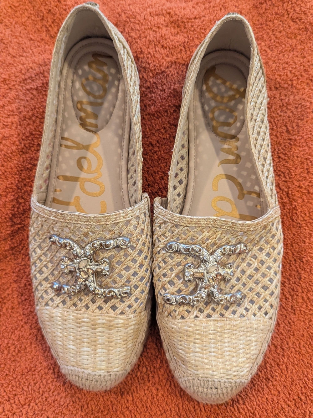 Sam Edelman Beige Woven Espadrille Flats with Rhinestone Crest